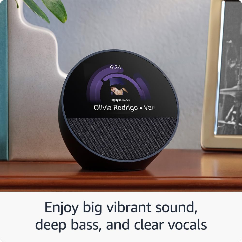 All-new Amazon Echo Spot (newest model), Great for nightstands, offices and kitchens, Smart alarm clock with Alexa and no visual ads, Black