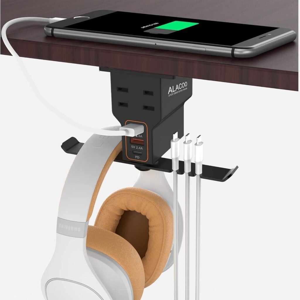 Headset Holder for Desk, Dual Headphone Stand, PC Gaming Headphones Hanger Hook Under Desk with (QC3.0) 3 USB Charging Station  2 AC Outlet(800W) for All Earphone Accessories Gamer Gift