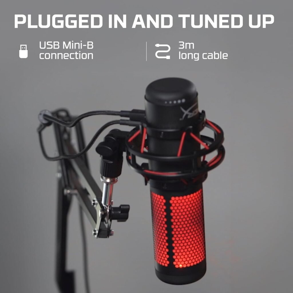 HyperX QuadCast - USB Condenser Gaming Microphone, for PC, PS4, PS5 and Mac, Anti-Vibration Shock Mount, Four Polar Patterns, Pop Filter, Gain Control, Podcasts, Twitch, YouTube, Discord, Red LED