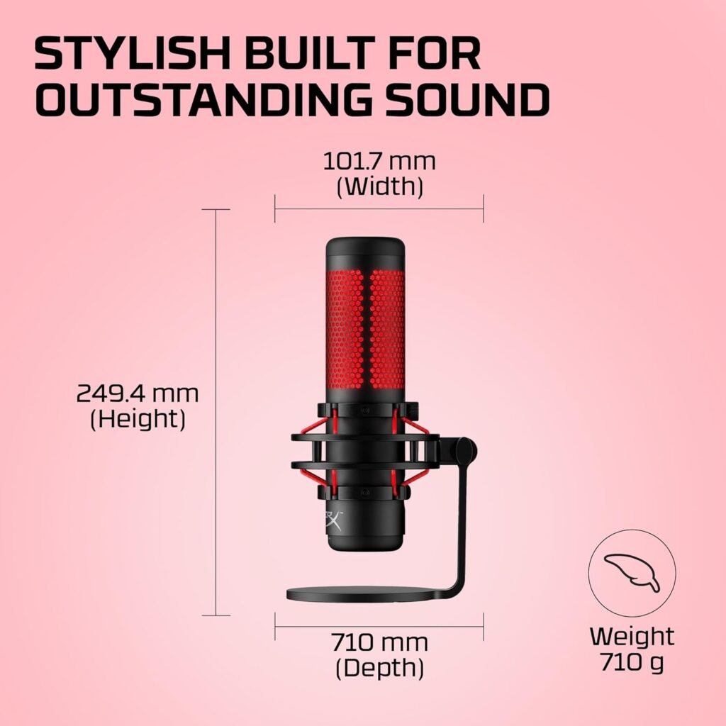 HyperX QuadCast - USB Condenser Gaming Microphone, for PC, PS4, PS5 and Mac, Anti-Vibration Shock Mount, Four Polar Patterns, Pop Filter, Gain Control, Podcasts, Twitch, YouTube, Discord, Red LED