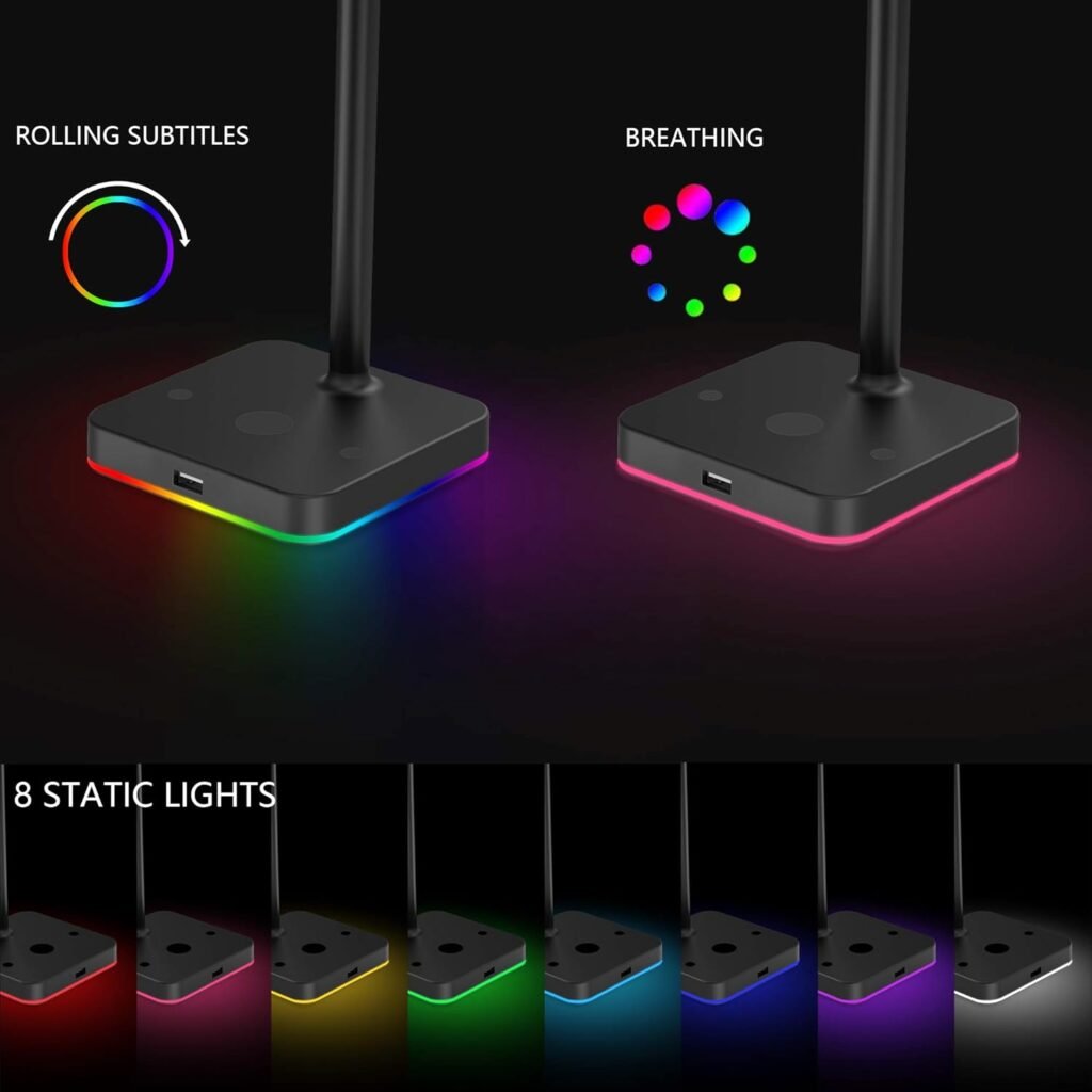 KAFRI RGB Headphone Stand with USB Hub Desk Gaming Headset Holder Hanger Rack with 1 USB2.0 Extension Charging Port Extender Cord - Suitable for Gamer Desktop Table Game Earphone Accessories, Black