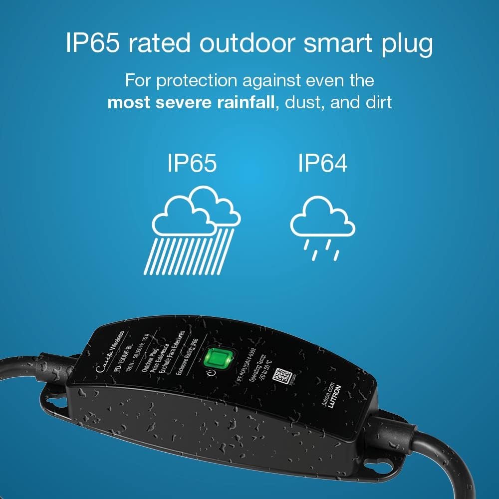 Lutron Caseta Smart Lighting Weatherproof+ Outdoor Smart Plug for Lights and Motors, Works w/ Alexa, Apple Homekit, Google Home (Hub Required), 15A LED Fixtures  1/2 HP Motors, PD-15OUT-BL, Black