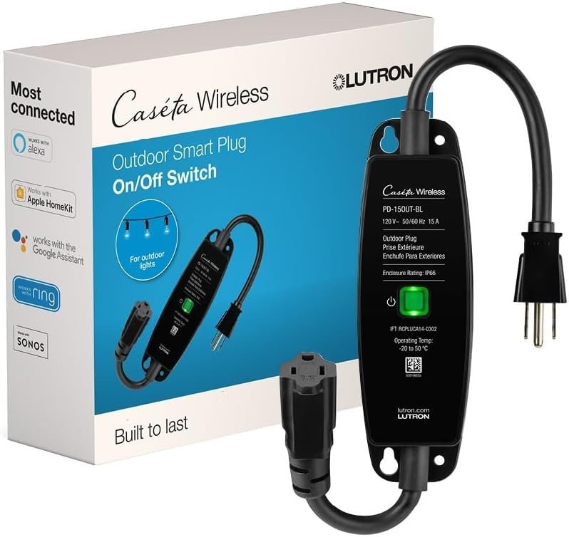 Lutron Caseta Smart Lighting Weatherproof+ Outdoor Smart Plug for Lights and Motors, Works w/ Alexa, Apple Homekit, Google Home (Hub Required), 15A LED Fixtures  1/2 HP Motors, PD-15OUT-BL, Black