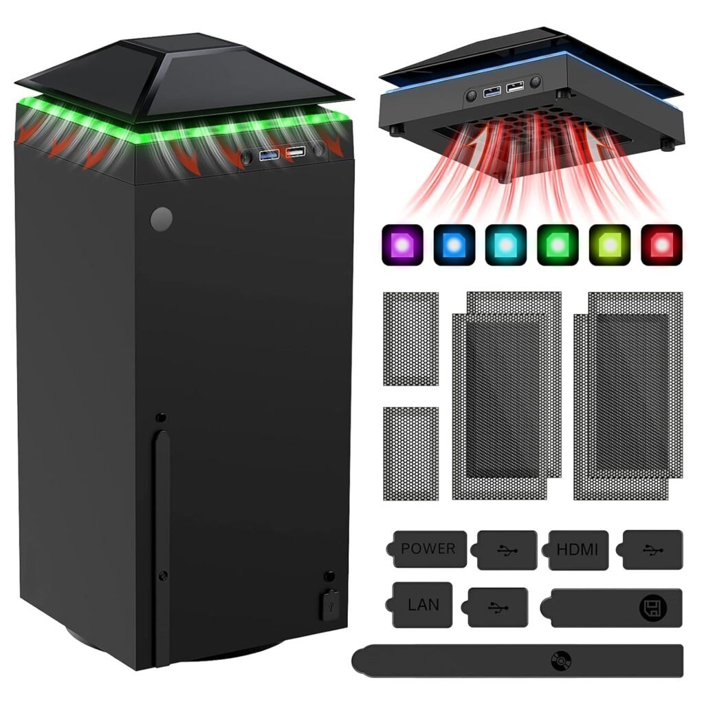 MENEEA Cooling Fan Dust Proof for Xbox Series X Console with Colorful Light Strip,MENEEA Dust Cover Filter,Rubber Dust Plugs,Low Noise Top Fan with 3 Gears,CoolerLight Independent Touch Switch, 2 USB Port