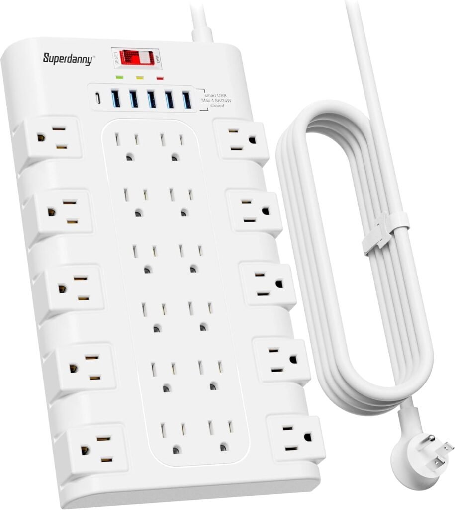Power Strip, SUPERDANNY Surge Protector with 22 AC Outlets and 6 USB Charging Ports, 1875W/15A, 2100 Joules, 6.5Ft Flat Plug Heavy Duty Extension Cord for Home, Office, Dorm, Gaming Room, Black