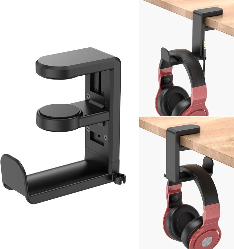 Rotating Headphone Stand - EURPMASK PC Gaming Headset Stand, Adjustable Clamp-on Headphone Holder, Headphone Hanger Hook Under Desk with 360 Degree SwivelCable Clip Organizer - Black