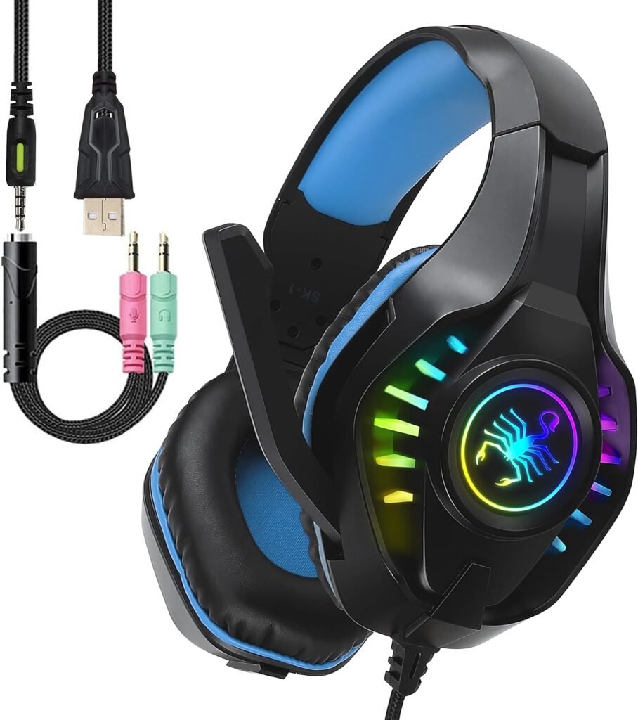 SVYHUOK Pro Gaming Headset for PC PS4 Xbox One Surround Sound Over-Ear Headphones with Mic LED Light Bass Surround Soft Memory Earmuffs for Computer Laptop Switch Games Kid’s Boy’s Teen’s Gifts