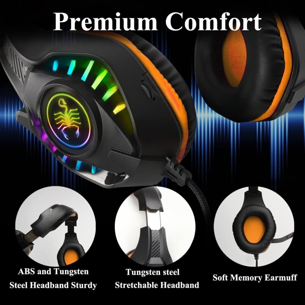 SVYHUOK Pro Gaming Headset for PC PS4 Xbox One Surround Sound Over-Ear Headphones with Mic LED Light Bass Surround Soft Memory Earmuffs for Computer Laptop Switch Games Kid’s Boy’s Teen’s Gifts
