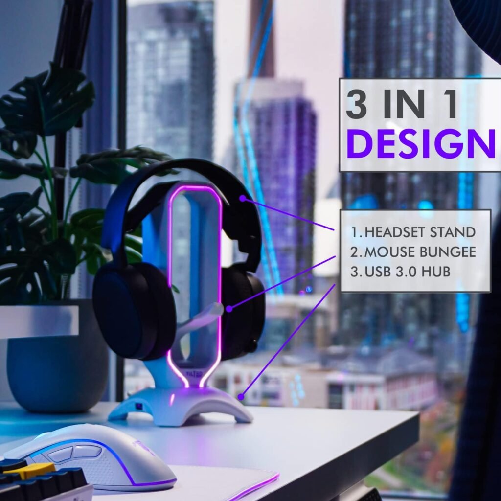Tilted Nation RGB Headset Stand - 3 in 1 Gaming Headphone Stand for Desk with Mouse Bungee and 2 Port USB 3.0 Hub Charger - The Ultimate Gaming Accessory and Gift for Gamer - RGB Headset Holder