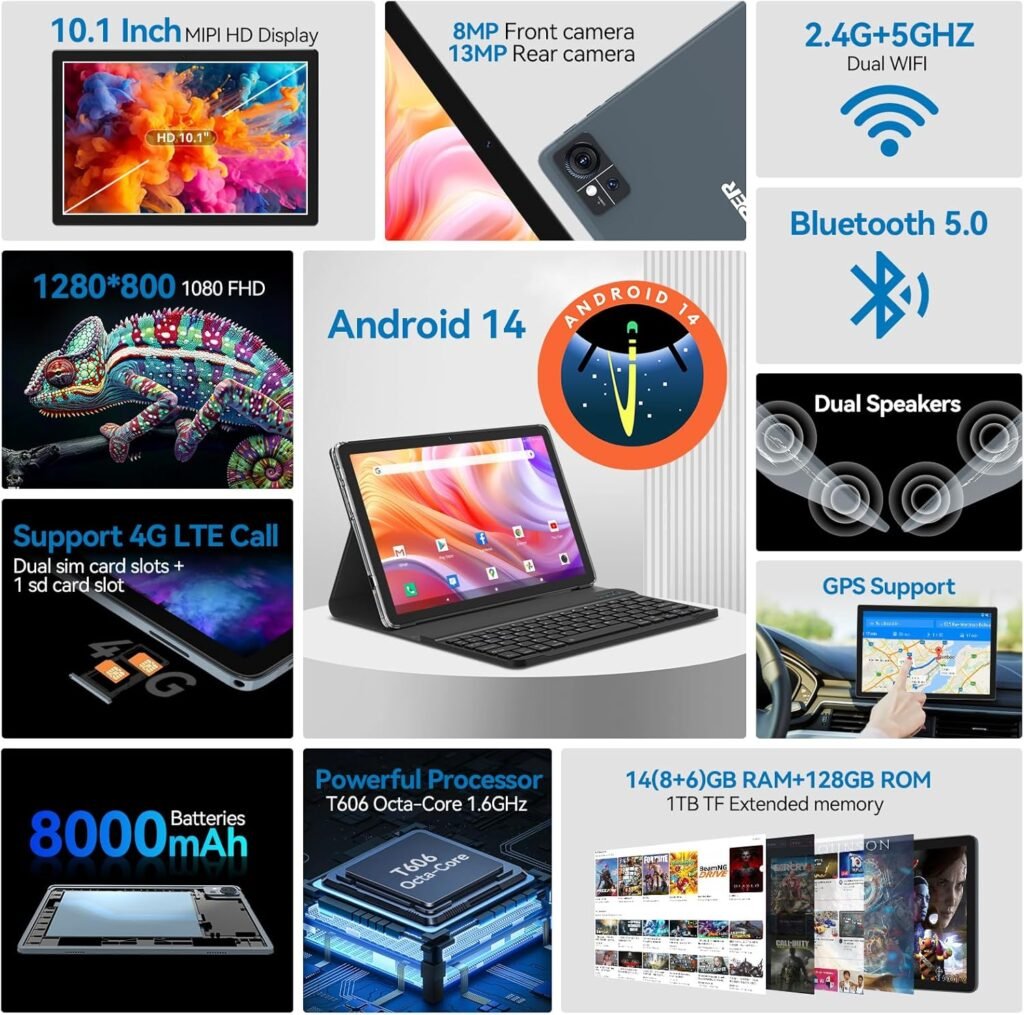 2025 Android 14 Tablet 10 inch,4G Cellular Tablets with 2 SIM 1 SD slot,5G Wifi Android Tablet 128GB ROM +14GB RAM(1TBTF),3-in-1 Tablet with Keyboard-8000mAh,Octa-core,1080FHD,13MP+8MP,GPS-Gray