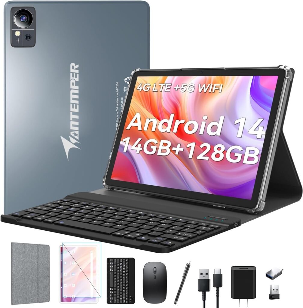 2025 Android 14 Tablet 10 inch,4G Cellular Tablets with 2 SIM 1 SD slot,5G Wifi Android Tablet 128GB ROM +14GB RAM(1TBTF),3-in-1 Tablet with Keyboard-8000mAh,Octa-core,1080FHD,13MP+8MP,GPS-Gray