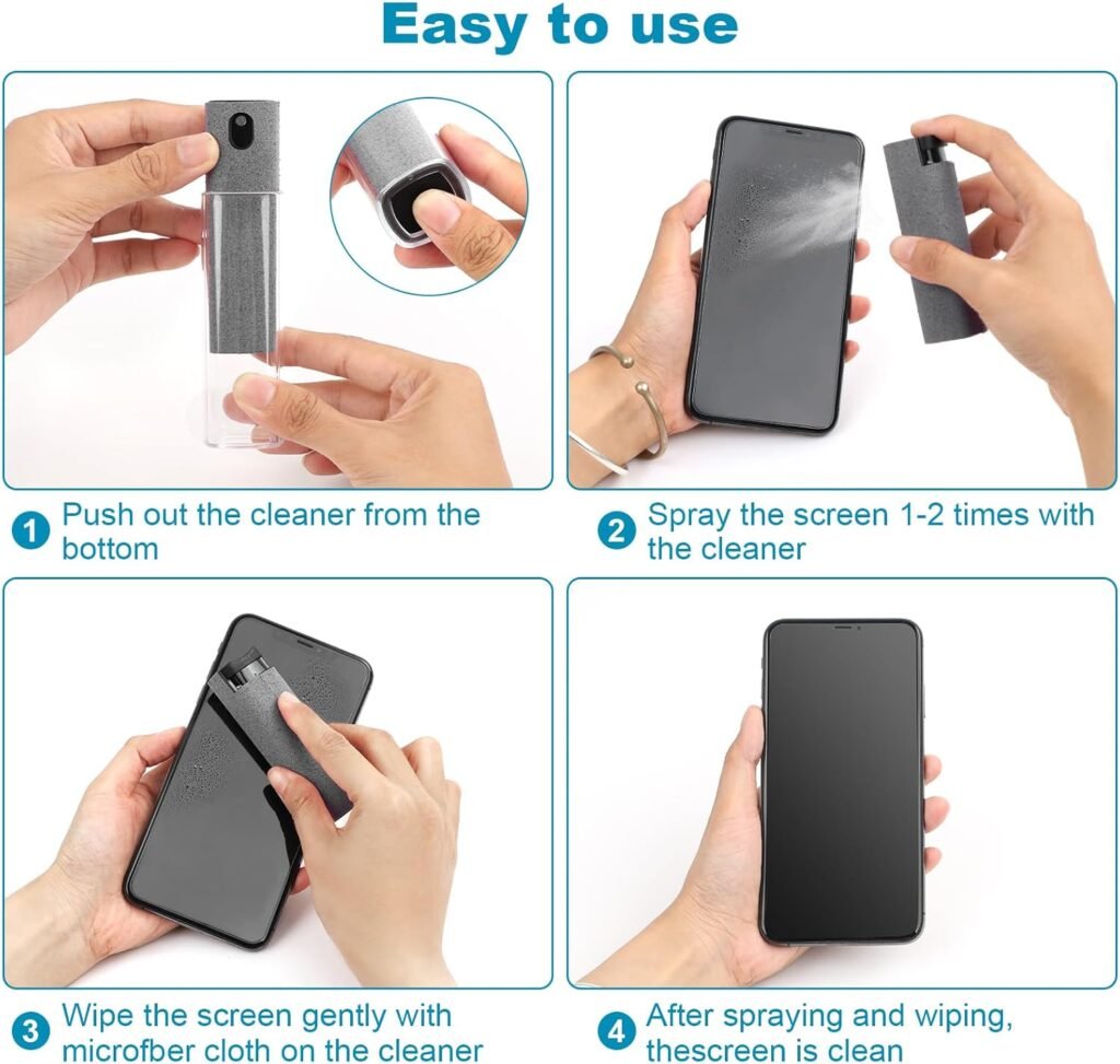 4 Pack Screen Cleaner 3-in-1 Touchscreen Mist Cleaner Spray and Microfiber Cloth Built-in Cleaning Solution Portable Reusable Fingerprint-Proof Spray Bottle for Phone Laptop iPad TV Monitor Car Screen