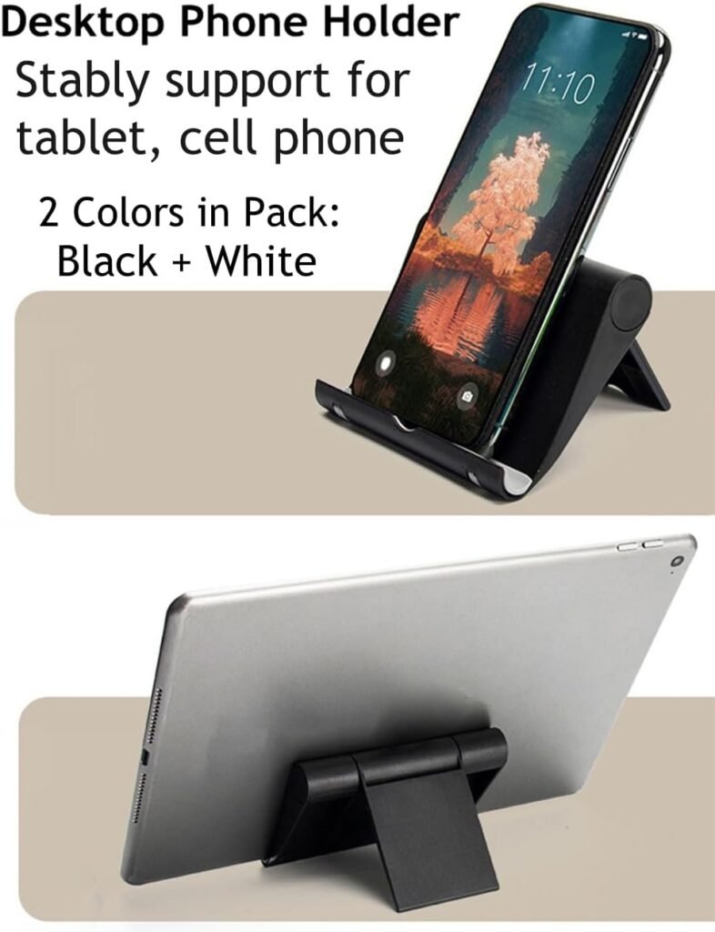 Adjustable Foldable Cell Phone Stand for Desk, Compatible with Most Smartphones and Tablets, Anti-Slip Rubber Base for Stability
