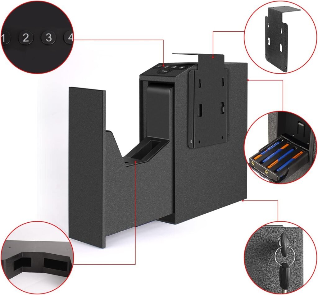 Biometric Slider Handgun Gun Safe for Nightstand, Desk, Bed Side,Truck - Auto Sliding Door Hand Gun Safe for Pistol -with Fingerprint, PIN Code, KEY Access