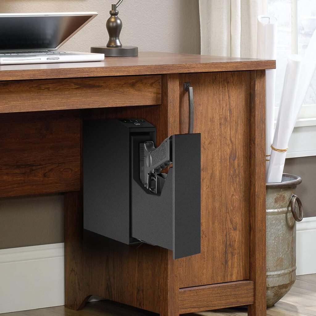 Biometric Slider Handgun Gun Safe for Nightstand, Desk, Bed Side,Truck - Auto Sliding Door Hand Gun Safe for Pistol -with Fingerprint, PIN Code, KEY Access