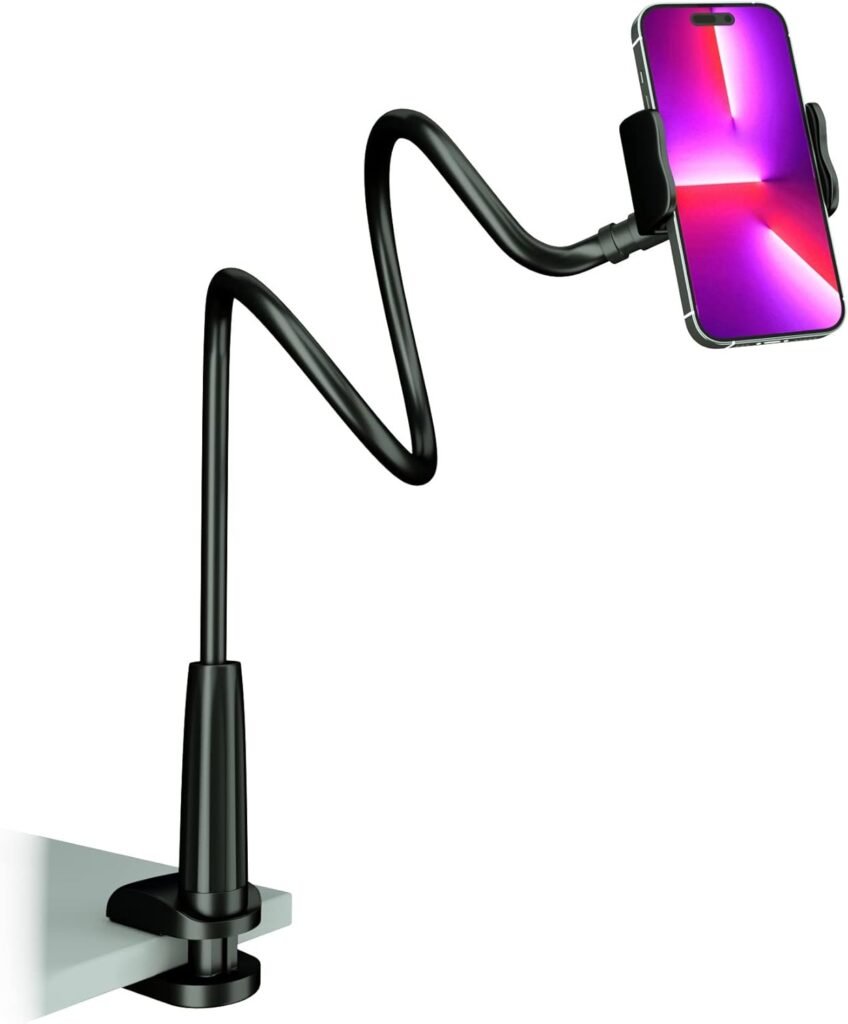 Cell Phone Clip Bed Stand Holder, with Grip Flexible Long Arm Gooseneck Bracket Mount Clamp for Desk, Compatible with iPhone 14 Pro Max XR X 8 7 6 or Other 3.5-7 Devices (Black)