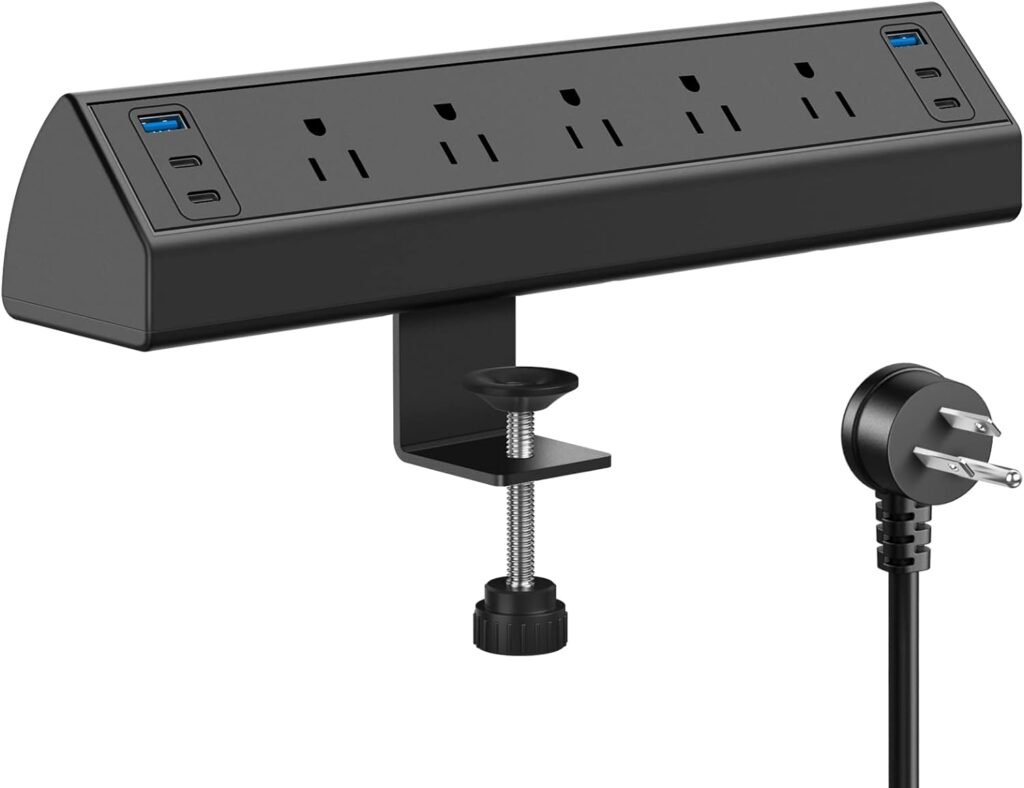 Desk Clamp Power Strip USB C,Desktop Mount Surge Protector,40W Fast Charging Station,2 PD 20W USB C Ports,3 Outlets,6FT Flat Plug,Desk Edge Power Strip for Home,Office,Fit 1.96 Tabletop Edge