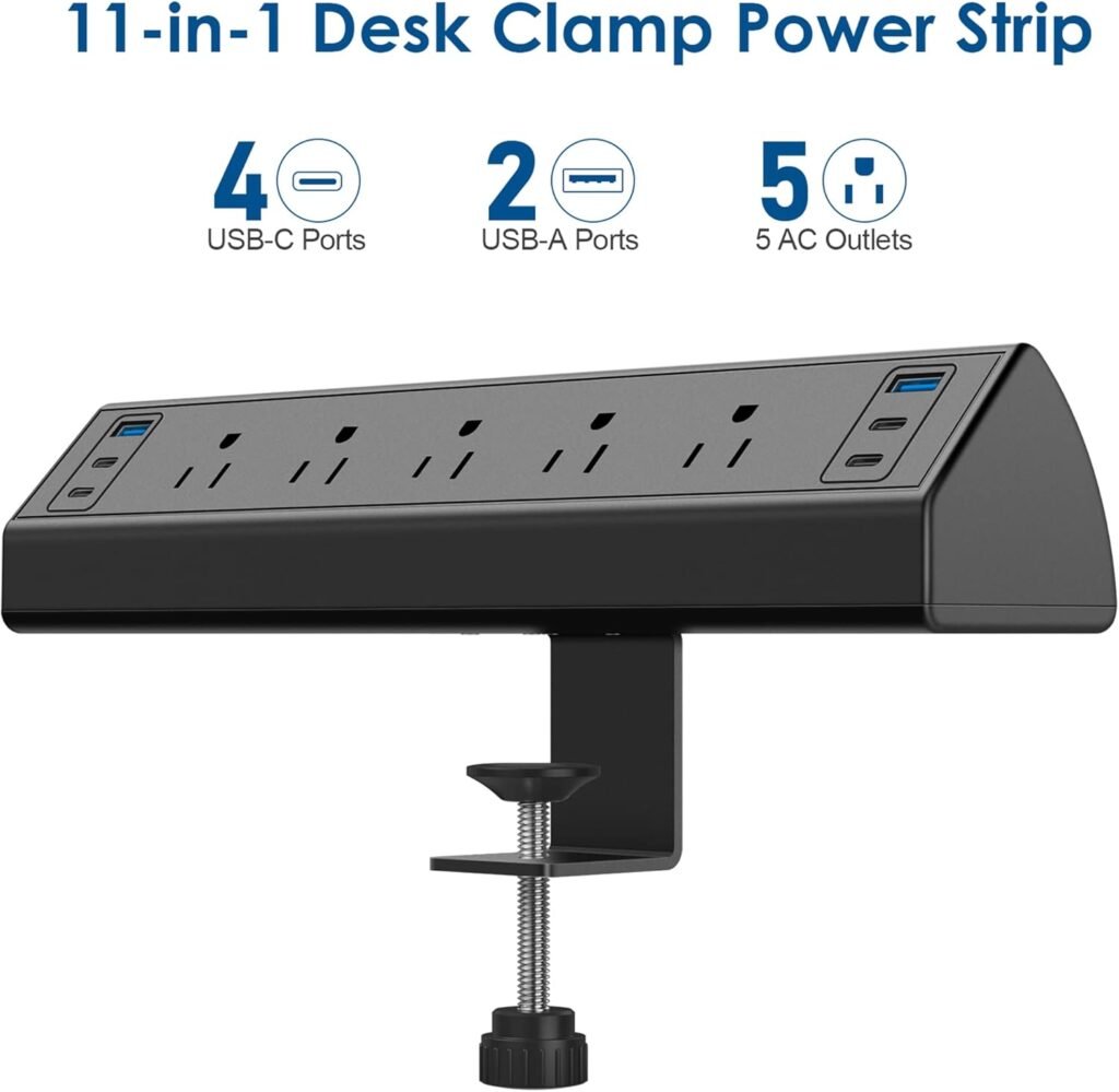 Desk Clamp Power Strip USB C,Desktop Mount Surge Protector,40W Fast Charging Station,2 PD 20W USB C Ports,3 Outlets,6FT Flat Plug,Desk Edge Power Strip for Home,Office,Fit 1.96 Tabletop Edge
