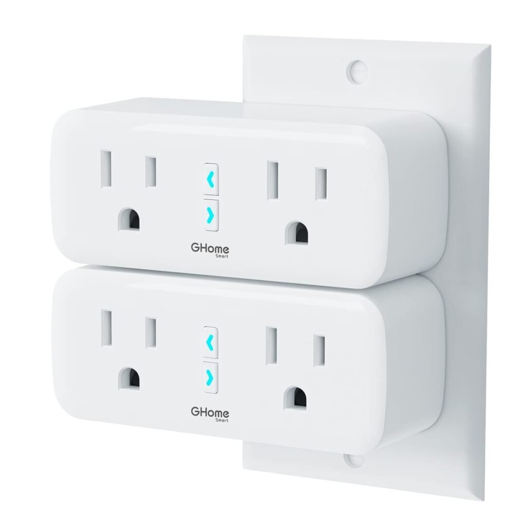 GHome Smart Plug Outlet Extender 15A, WiFi Smart Plugs Compatible with Alexa and Google Home, Smart Surge Protector Outlet with Remote Control and Timer, Dual Sockets, No Hub Required, White, 2 Pack