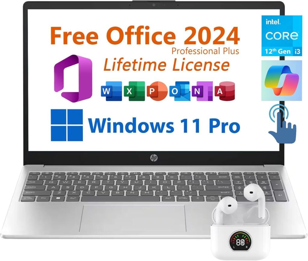 HP 15.6 Business Laptop, Free Microsoft Office 2024 Lifetime License, Copilot AI Chat, HD Touchscreen Display, Intel 6-Core i3-1215U 4.4 GHz, 16GB RAM, 1TB SSD, Long Battery Life, Windows 11 Pro