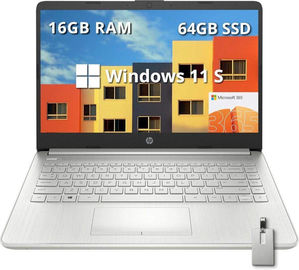 HP Premium Stream 14 HD BrightView Laptop, Intel Celeron N4120, 16GB RAM, 64GB eMMC Storage, HD Webcam, 1UHD Graphics, Year Office 365, Bluetooth, WiFi, HDMI, Win 11s, Blue, 32GB Hotface USB Card