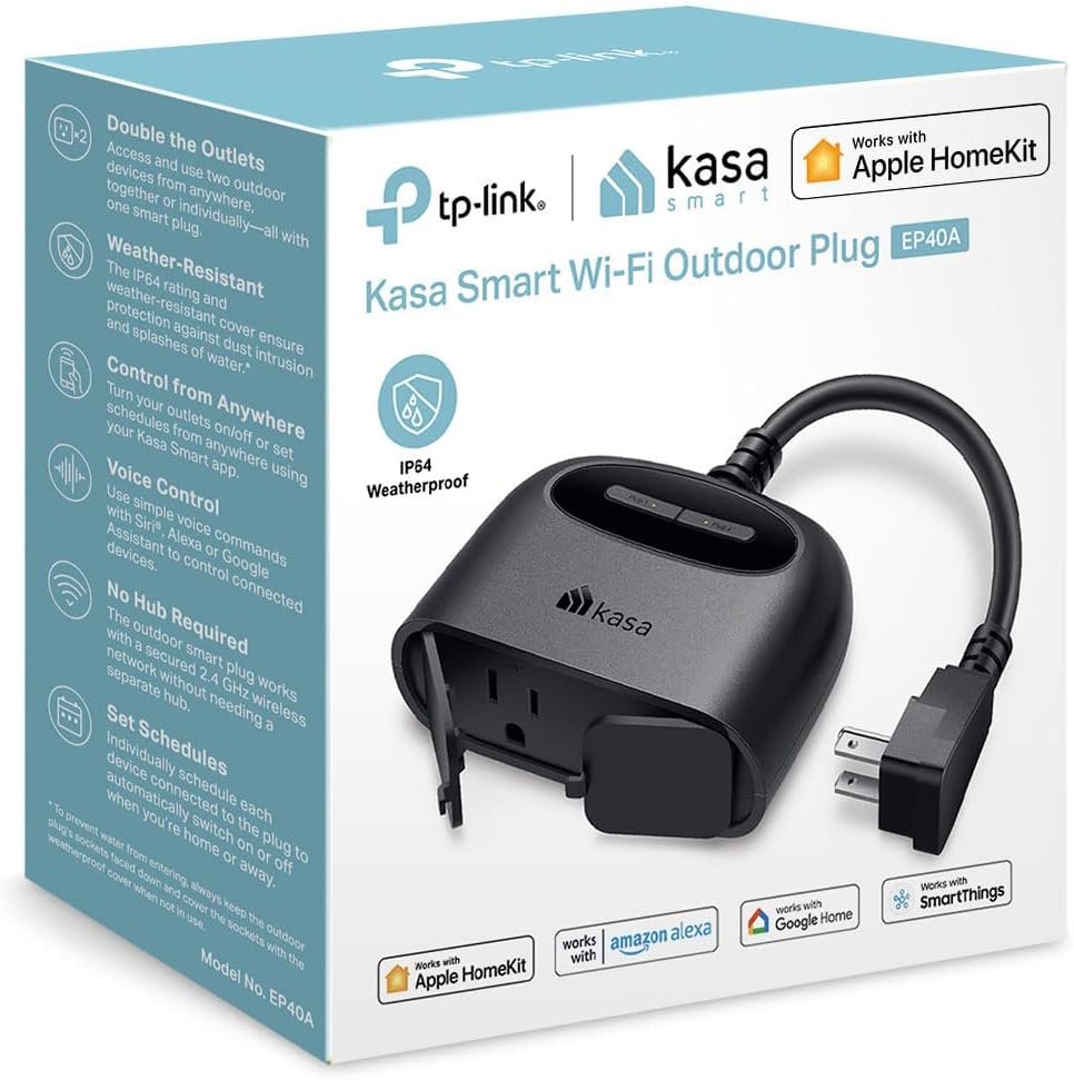 Kasa Apple HomeKit Outdoor Smart Plug, 2 Sockets, IP64 Weather Resistance for Outdoor String Lights, Compatible with Siri, Alexa  Google Home, Long Wi-Fi Range, 2.4G Wi-Fi Only, ETL Certified (EP40A)