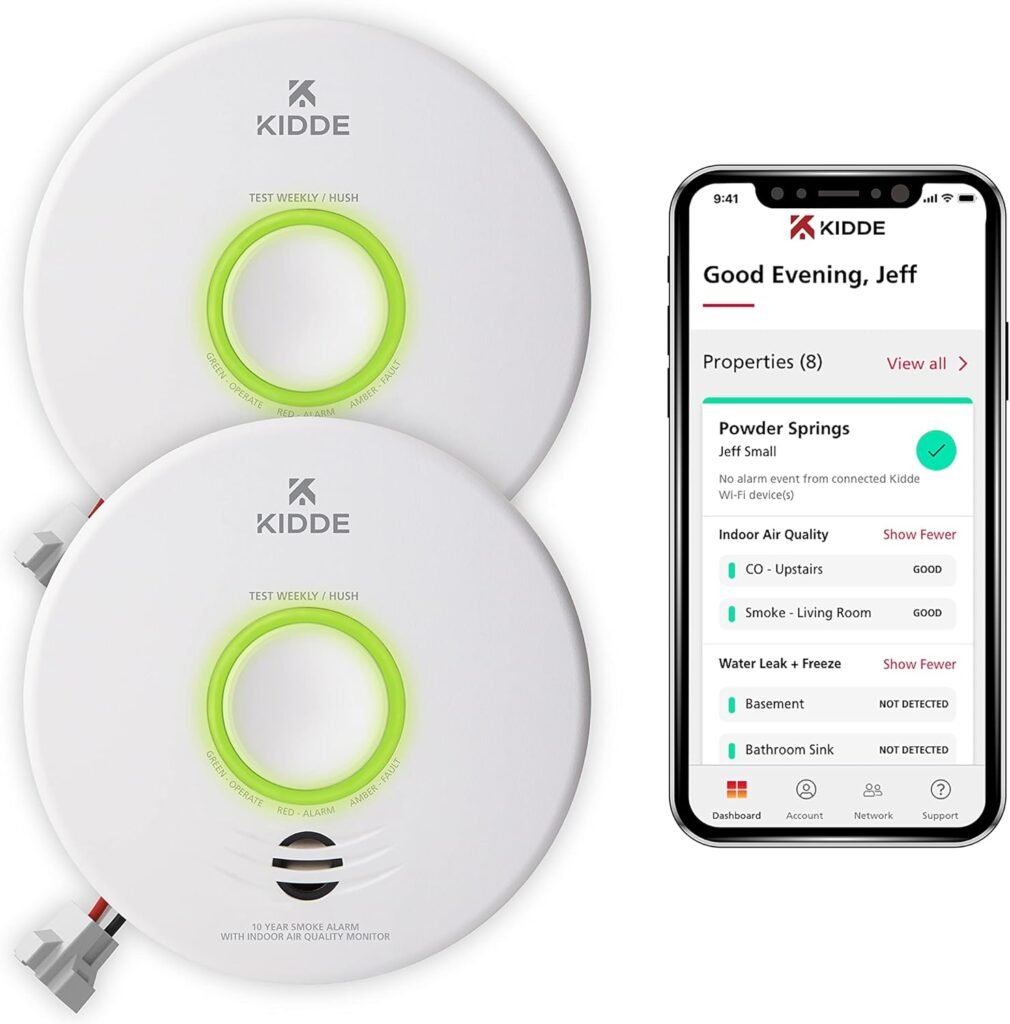Kidde Smart Smoke Detector  Indoor Air, Quality Monitor, WiFi, Alexa Compatible Device, Hardwired w/Battery Backup, Voice  App Alerts, 2 Pack
