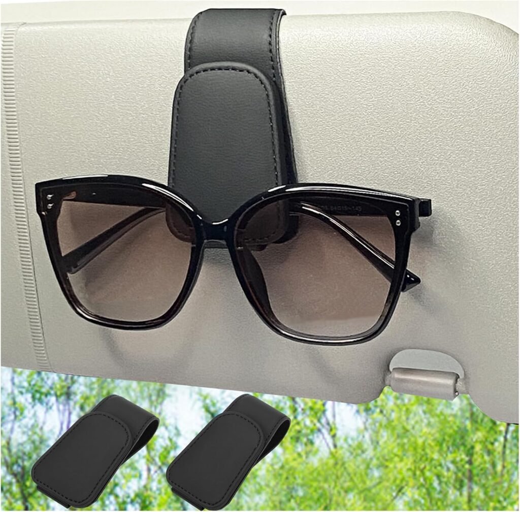 Magnetic Leather Sunglass Holder for Car, Sunglasses Clip for Car Visor, Auto Interior Accessories Universal for Different Size Eyeglasses (Black)