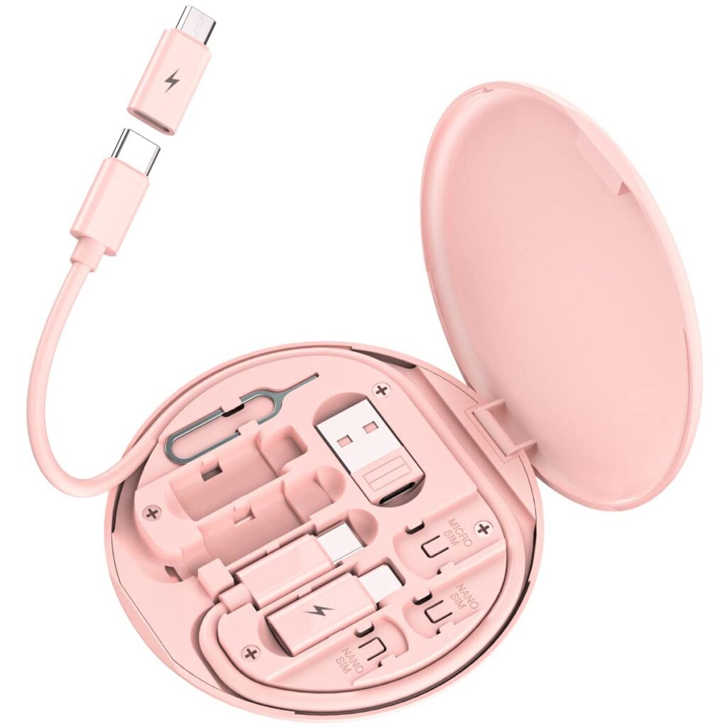 Multi USB Charging Adapter Cable Kit, USB C to iOS Device Adapter Box, Conversion Set USB A  Type C to Male Micro/Type C/iOS Device, Data Transfer, Card Storage, Tray Eject Pin, Phone Holder (Pink)