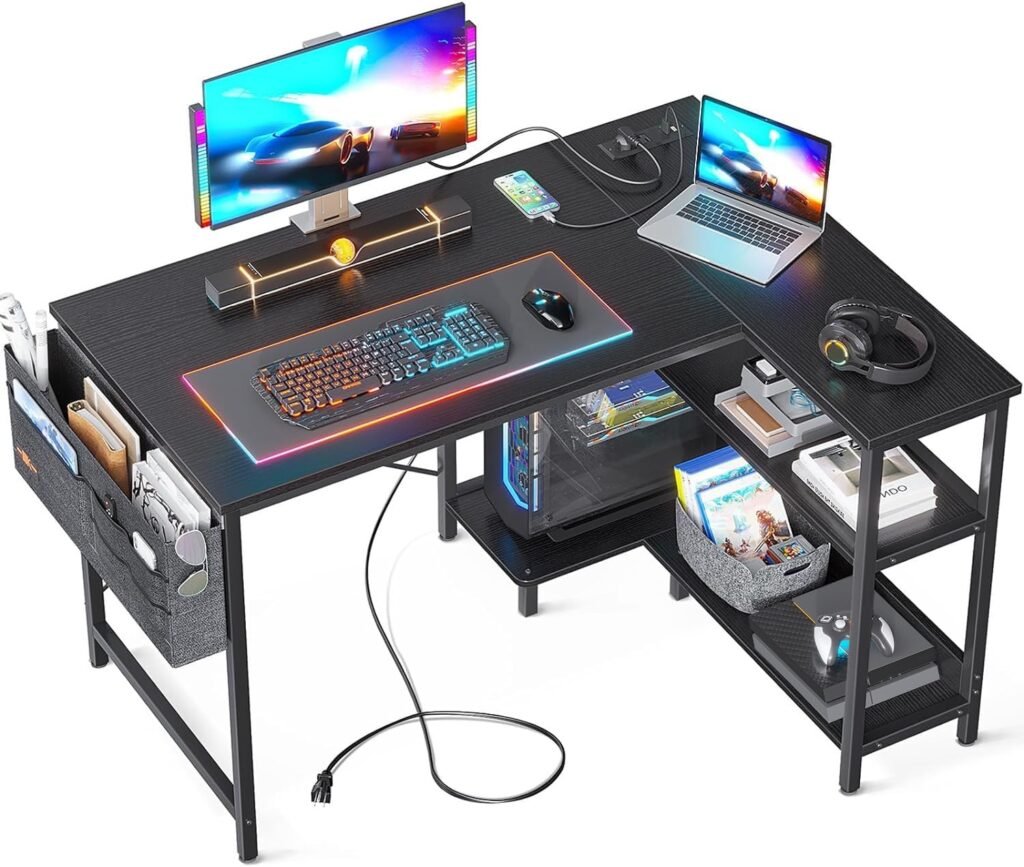 ODK 40 Inch Small L Shaped Gaming Computer Desk with Power Outlets, Reversible Storage Shelves PC Stand for Home Office, Simple Writing Study Table with Storage Bag for Small Space, Black ODK 40 Inch Small L Shaped Gaming Computer Desk with Power Outlets, Reversible Storage Shelves PC Stand for Home Office, Simple Writing Study Table with Storage Bag for Small Space, Black