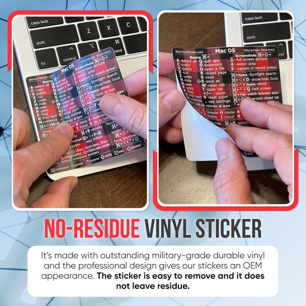 Synerlogic Mac OS Shortcuts Sticker | Keyboard Stickers for macOS | No-Residue Laminated Vinyl MacBook Cheatsheet for Laptop | MacBook Shortcuts 2025 (Clear/Black)