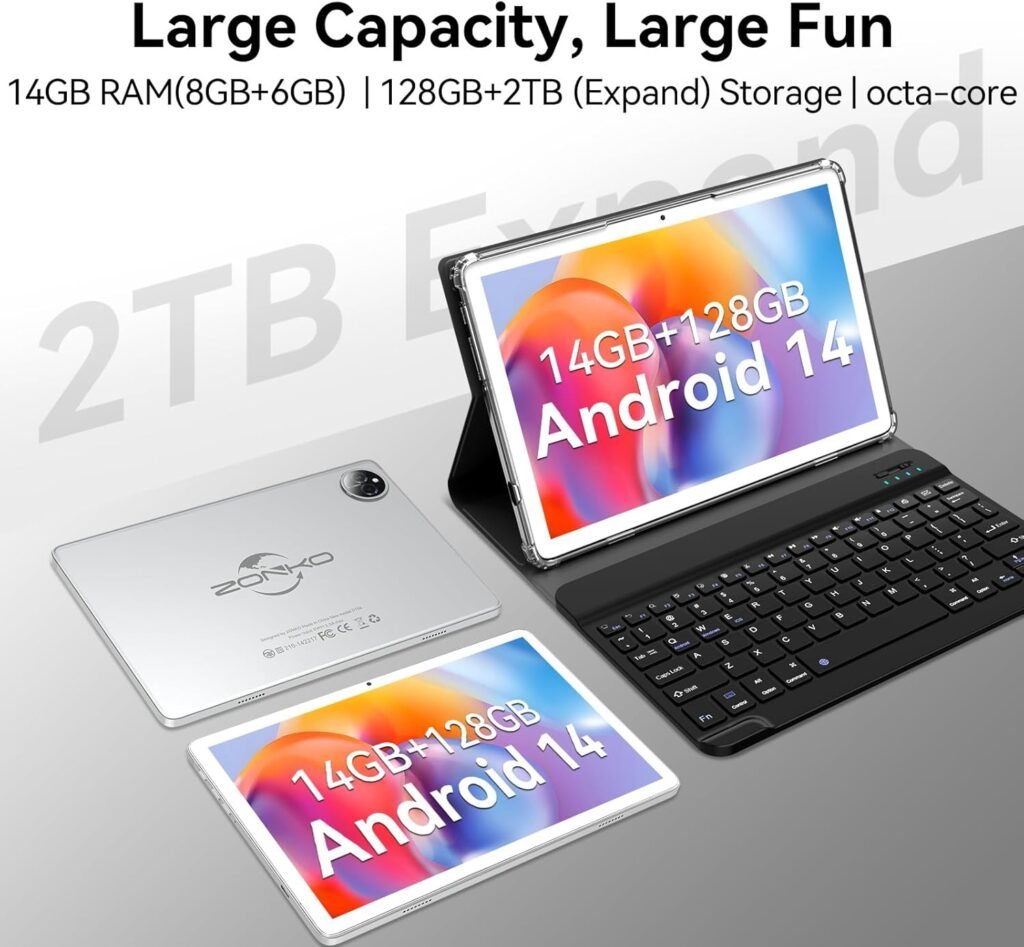 Tablet 10 inch 2025 Latest Android 14 Tablet with 128GB Rom+14GB Ram+2TB Expand, 4G Cellular Tablets with Dual Sim Slot, 2 in 1 Tablet with Case/Keyboard/Mouse, 5G Wifi, Octa-Core GPS 8000mAh (Grey)