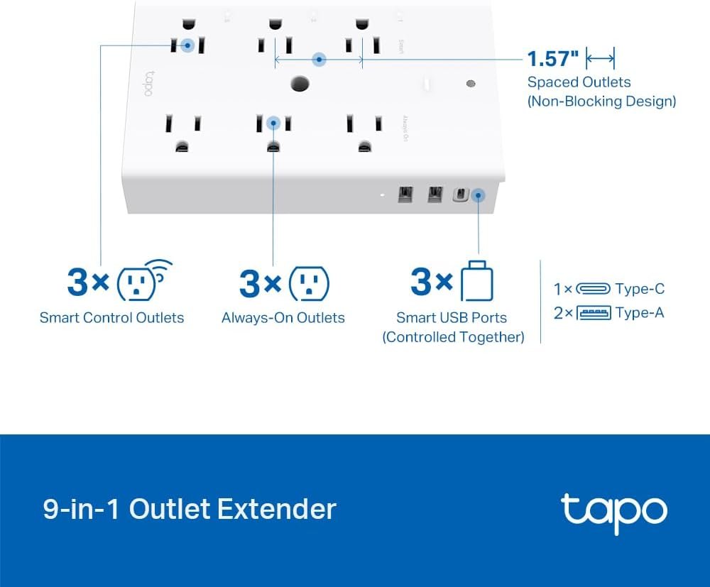 TP-Link Tapo Smart Plug Outlet Extender, Surge Protector, 18W Fast Charging, 3 Individual Smart Outlets, 1x USB-C  2X USB-A, Smart Night Light, Works w/Apple HomeKit, Alexa  Google Home, Tapo P306