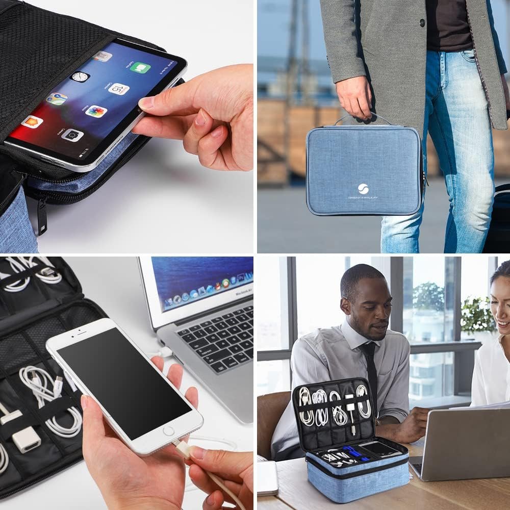 Travel Electronics Organizer, Waterproof Cable Organizer Bag for Electronic Accessories Double Layer Large Shockproof Cable Storage Bag for Cord, Power Bank, Tablet(Up to iPad 11 inch) - Black