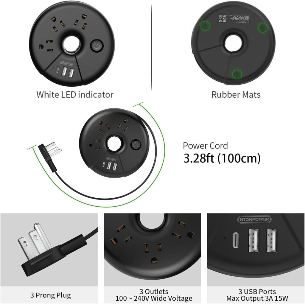 Travel Power Strip, NTONPOWER 3 Outlets 3 USB Portable Desktop Charging Station Short Extension Cord 3ft for Office, Home, Hotels, Cruise Ship, Nightstand, White, i-Donut Power Strip