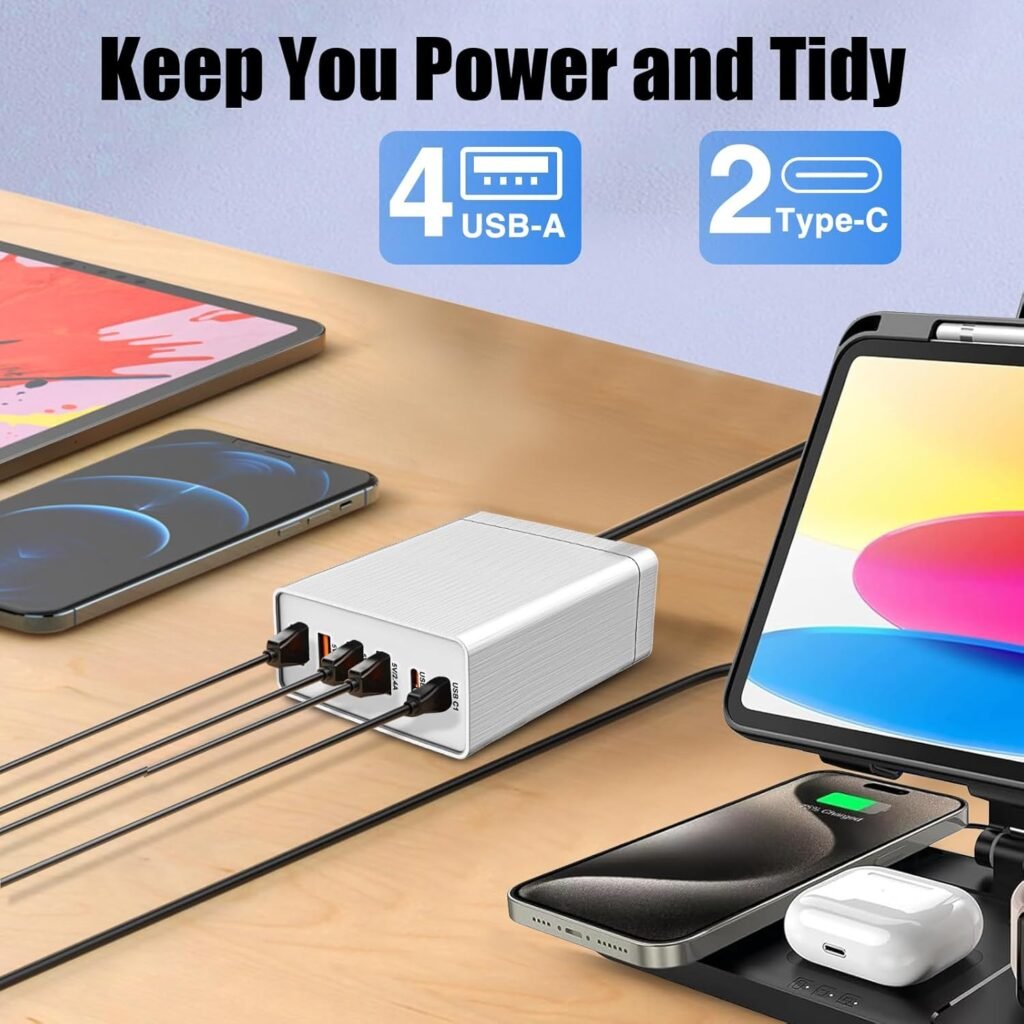 𝟐𝟎𝟐𝟒 𝗡𝗲𝘄 USB Wall Charger Multiport RISWOJOR，40W Flat Plug 6 Port Multi USB Charger Station with Auto Detect Technology, USB Charging Station for Multiple Devices with for Smartphone Tablet