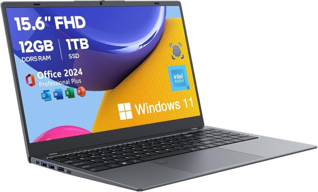 Windows 11 Laptop Computer, 12GB DDR5/1TB SSD, N95 Quad-Core, MS Office 2024, 15.6 inch 1920x1080 FHD Display, Dual Band WiFi, BT5.0, Fingerprint Unlock/Physical Camera Switch (Gray)