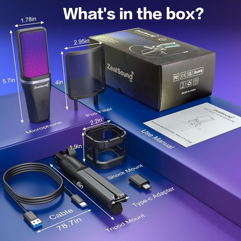 ZealSound Gaming USB Microphone,Noise Cancellation Condenser mic,RGB Microphone with Mute,Gain,Monitoring,Boom Arm,Pop Filter for Phone,PC,Computer,PS4,PS5,Mac,Streaming,Podcast,Twitch,YouTube,Discord ZealSound Gaming USB Microphone,Noise Cancellation Condenser mic,RGB Microphone with Mute,Gain,Monitoring,Boom Arm,Pop Filter for Phone,PC,Computer,PS4,PS5,Mac,Streaming,Podcast,Twitch,YouTube,Discord