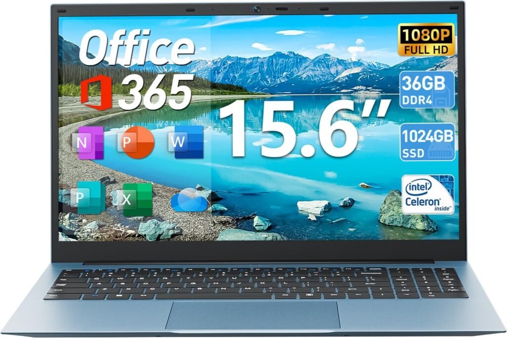 15.6 Inch Laptops, 36GB RAM 128GB EMMC+1024GB SSD | Windows 11 Laptop Computers, Celeron N5095 Quad-Core, Portable Notebook, 1 Year Office 365, 7000mAh Battery, WiFi 6