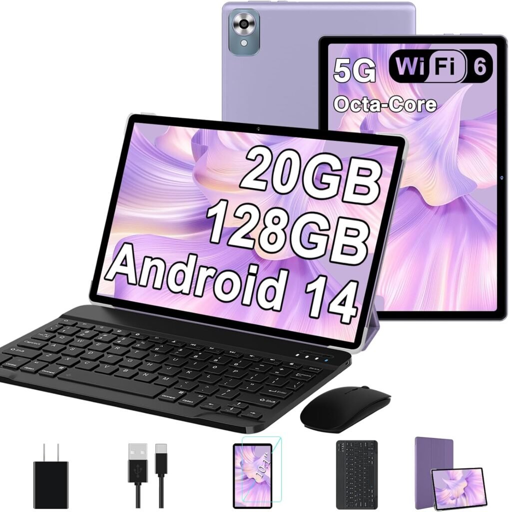 2025 Android 14 Tablet with Keyboard 20GB+128GB+1TB Expand, 10.1 Inch Octa-Core 2-in-1 Tablets with HD IPS Display, 5G WiFi 6, 6000mAh Battery, BT5.0, Split Screen, Widevine L1, Mouse, Case -Green