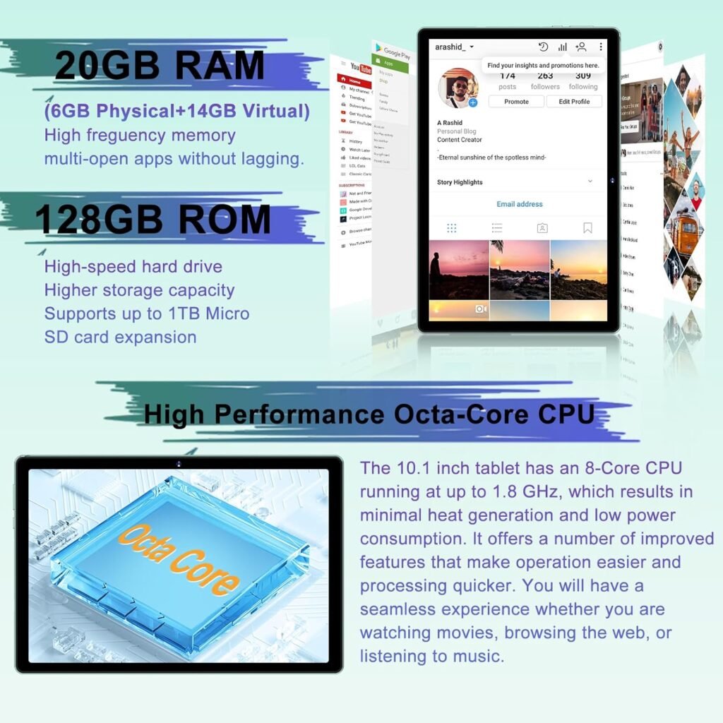 2025 Android 14 Tablet with Keyboard 20GB+128GB+1TB Expand, 10.1 Inch Octa-Core 2-in-1 Tablets with HD IPS Display, 5G WiFi 6, 6000mAh Battery, BT5.0, Split Screen, Widevine L1, Mouse, Case -Green