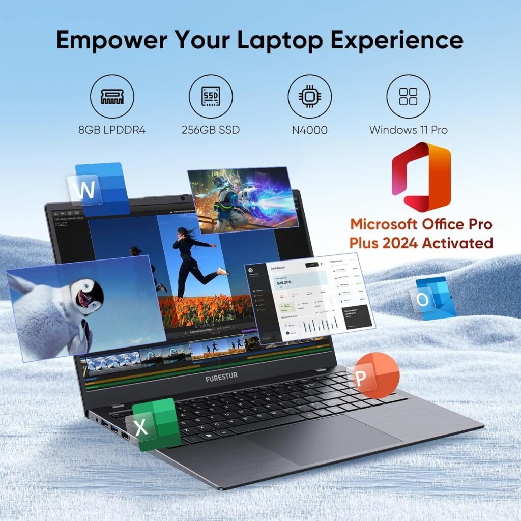 2025 New Laptop, 15.6 Inch Full HD IPS Laptop Computer, 8GB LPDDR4 RAM, 256GB SSD, N4000 Processor, Win11 Pro, Support Office Pro Plus 2024, Long Lasting Battery, WiFi 5, BT, USB 3.0, Webcam