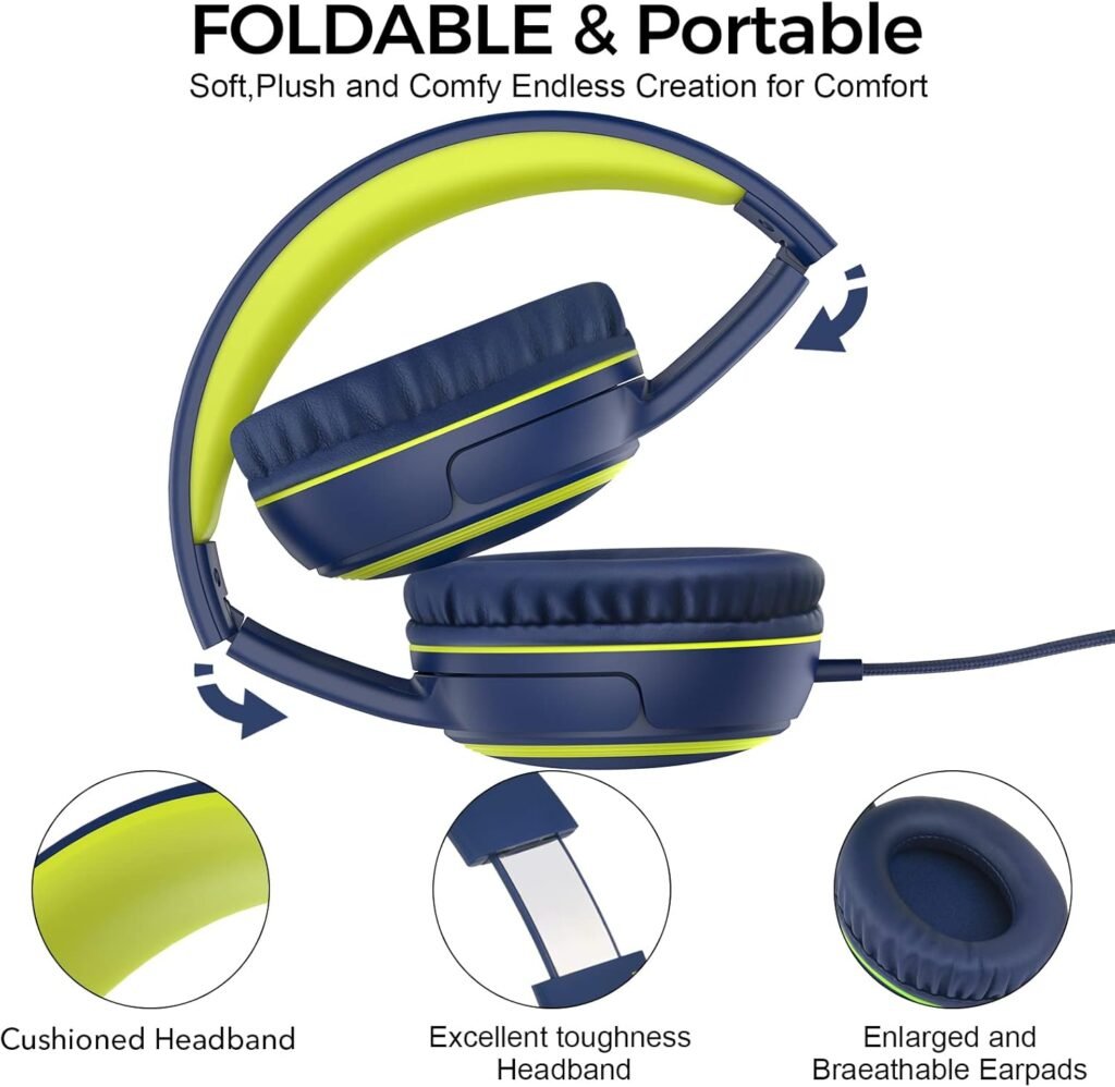 A10 Kids Headphones with Microphone, Lightweight Folding Stereo Bass Headphones with 1.5M No-Tangle Cord, Portable Wired Headphones for Smartphone Tablet Computer MP3 / 4 (Blue)