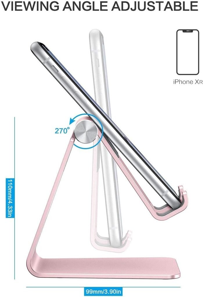 Adjustable Cell Phone Stand, OMOTON Aluminum Desktop Cellphone Stand with Anti-Slip Base and Convenient Charging Port, Fits All Smart Phones, Silver