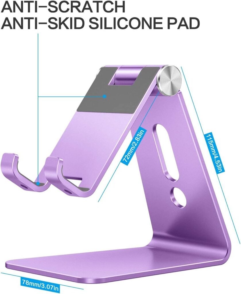 Adjustable Cell Phone Stand, OMOTON Aluminum Desktop Cellphone Stand with Anti-Slip Base and Convenient Charging Port, Fits All Smart Phones, Silver
