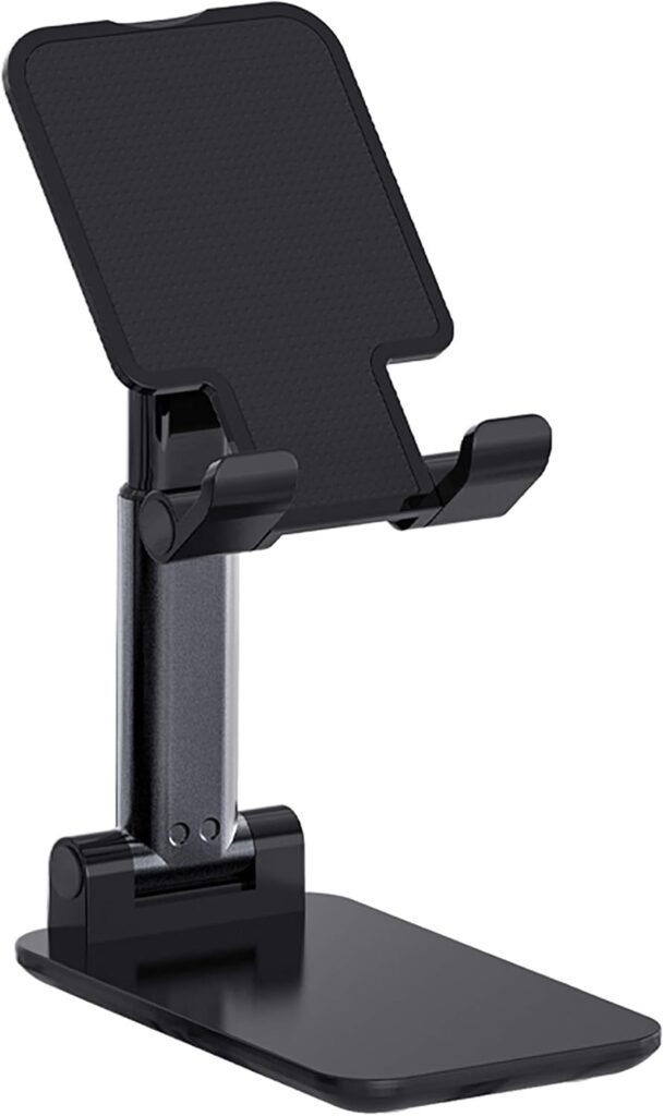 Adjustable Cell Phone Stands for Desk, Aluminum Folding Phone Holder with Stable Base and Charging Port for 4-12.9 Inches Smart Phone, Tablet (Black)