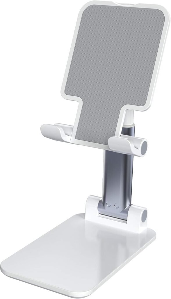 Adjustable Cell Phone Stands for Desk, Aluminum Folding Phone Holder with Stable Base and Charging Port for 4-12.9 Inches Smart Phone, Tablet (Black)
