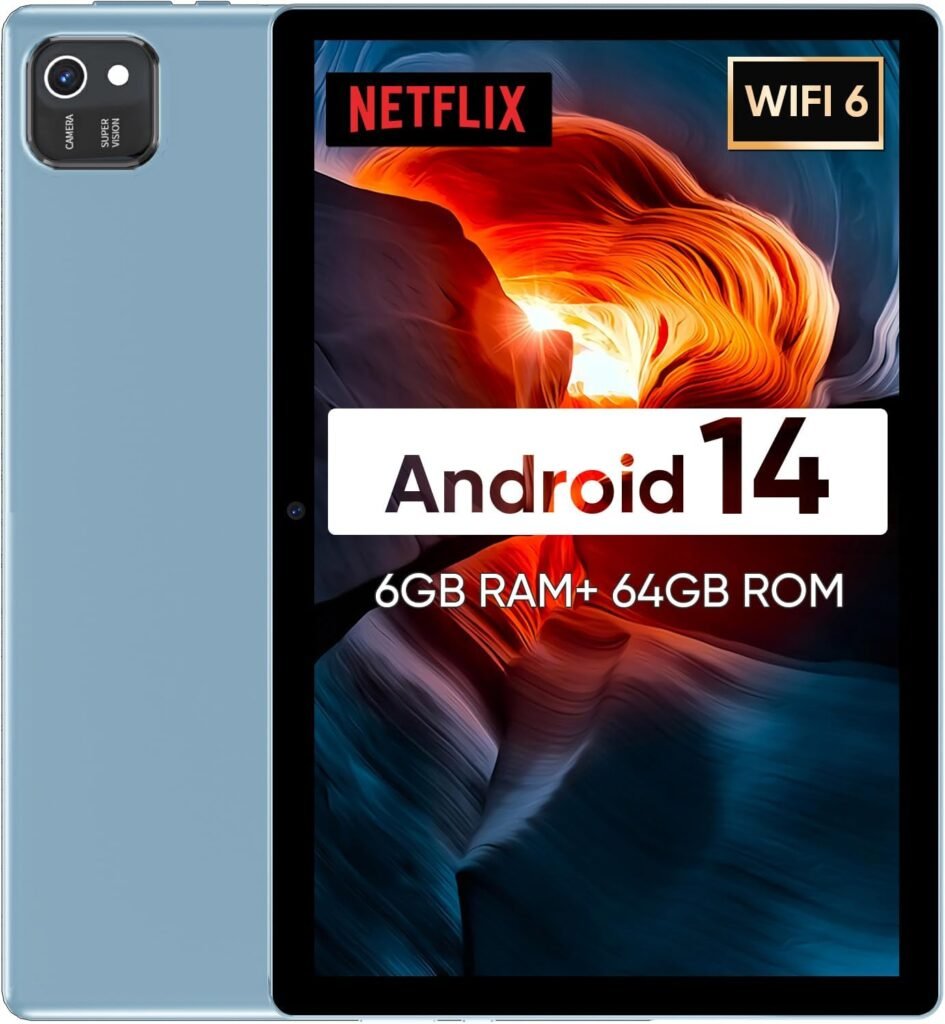 Android 14 Tablet, 2025 Tablet 10 inch,6GB+64GB+512GB Expand, 2.0GHz Processor, IPS Touchscreen Display, 6000mAh Battery, 5GHz+2.4GHz Dual WiFi,Bluetooth 5.0,GPS, Split Screen Support, Dual Cameras