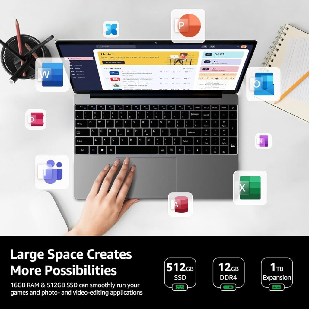 ApoloSign 15.6 Full HD Laptop, 12GB RAM, 512GB SSD, Expandable to 1TB, Intel N5095 Processor, Dual-Band WiFi, 178° Viewing Angle, Dual Speakers-Gray