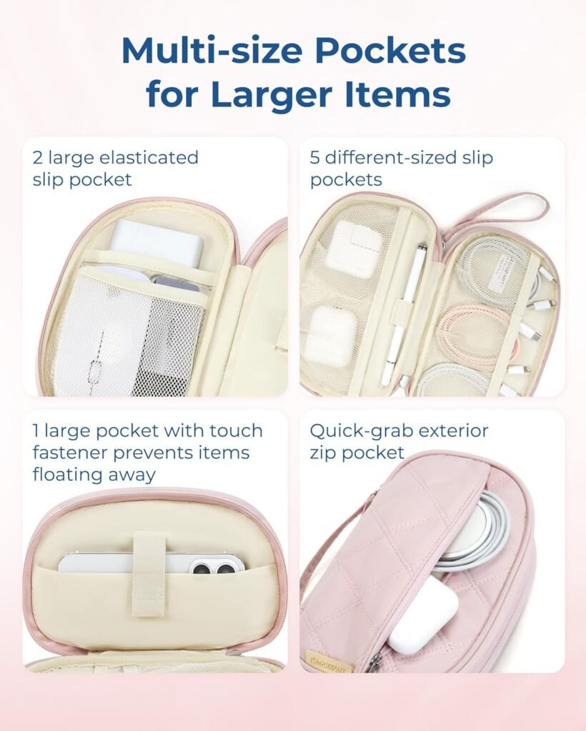 BAGSMART Travel Cord Organizer Electronics Organizer Travel Case, Double Layers Puffer Cable Organizer Bag Travel Essentials for Women, Tech Organizer Case for Charger, Phone, Flash Drive - Pink